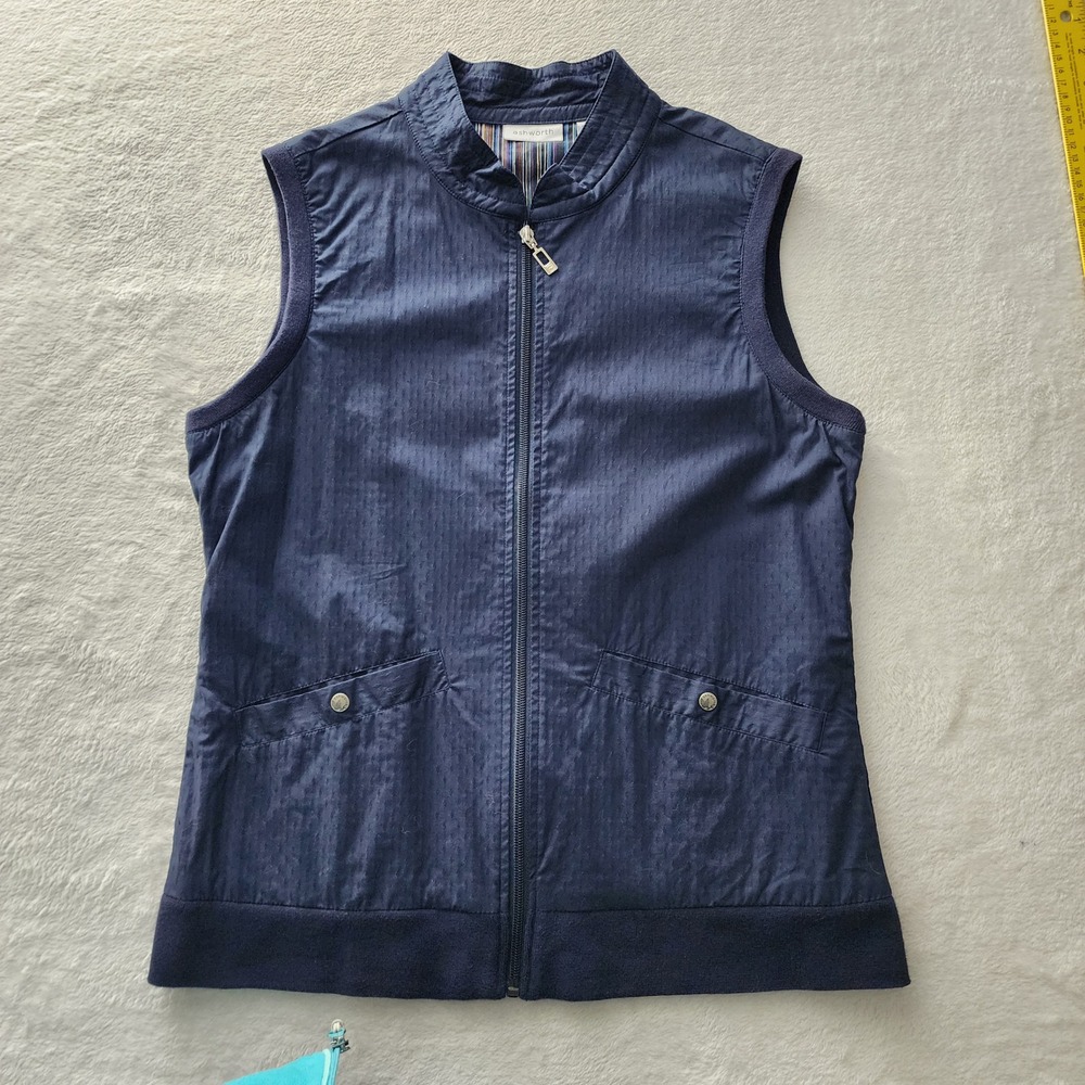 Ashworth Golf Vest Mens Medium Navy Blue Mock Neck Full Zip Fall Sporty Preppy